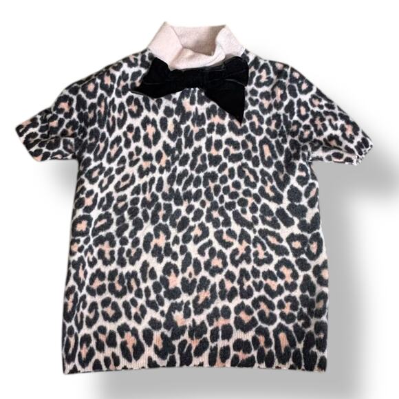 Kate Spade Leopard Bow Sweater XS Wool Short Sleeve Turtleneck Animal Print Top - Picture 4 of 9